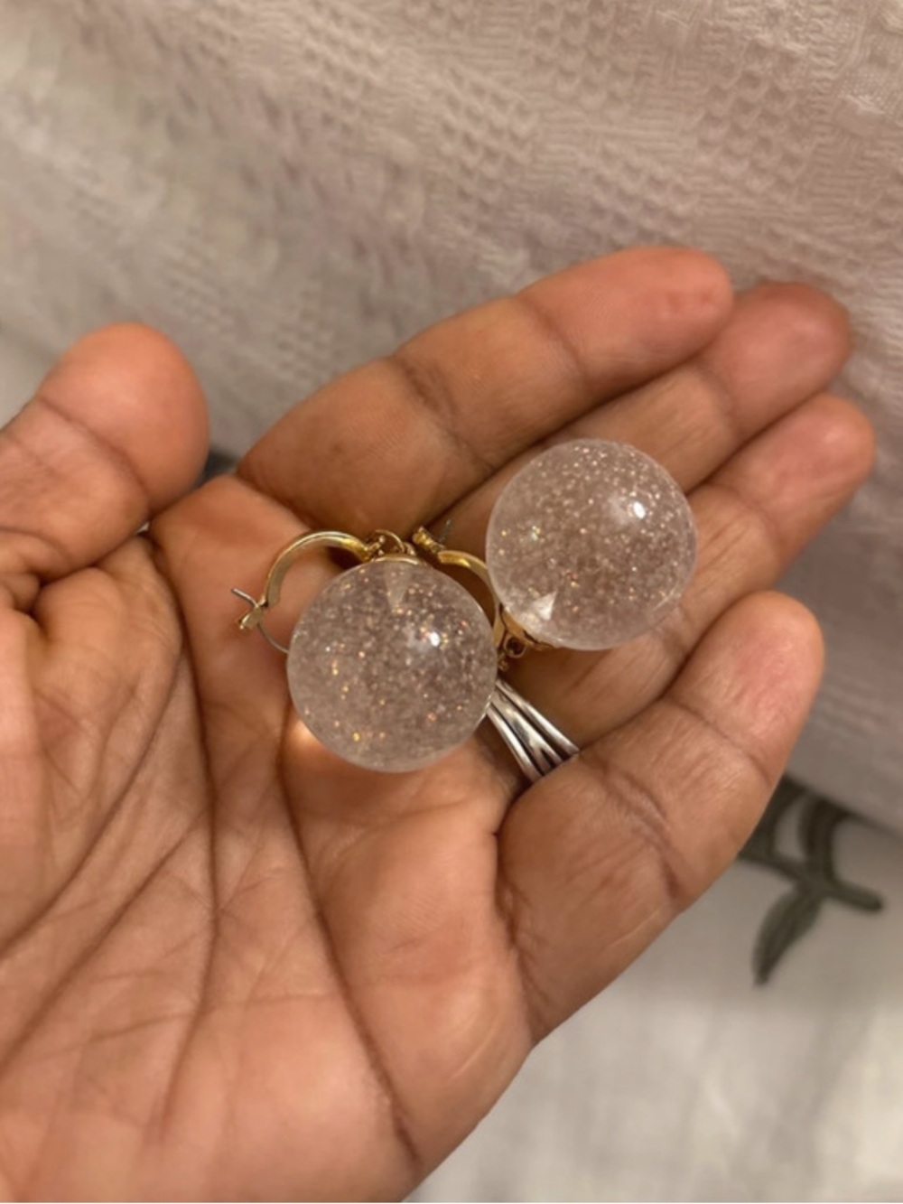 Gold Hoop Drop Earrings with Clear Glitter Globe - Picture 6 of 6